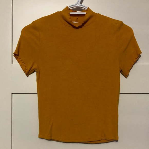 Mustard yellow mock neck stretchy t-shirt - Picture 1 of 4